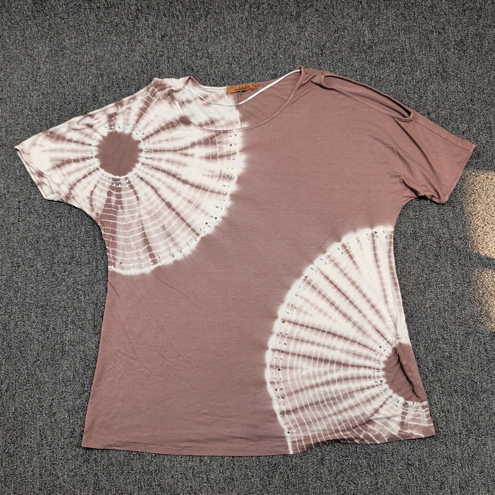 Belldini Boho Tie Dye Cold Shoulder Top 1X Mauve Studded Sunburst Plus Size Tee